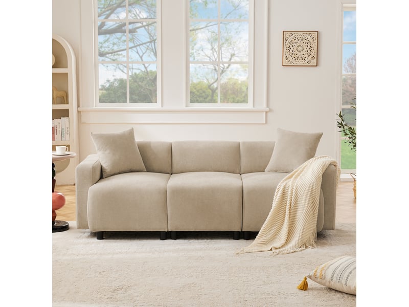  Canapé 211x67x71 cm, 3 à 4 places, assise large, dossier haut, chenille beige  - Conforama B