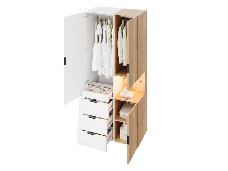 Armoire,90x49x200 cm,4 tiroirs avec led,mdf,blanc et finition chêne - Conforama A
