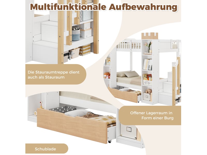  Lit superposé enfant 90x200 cm avec escalier de rangement, blanc et bois naturel  - Conforama E