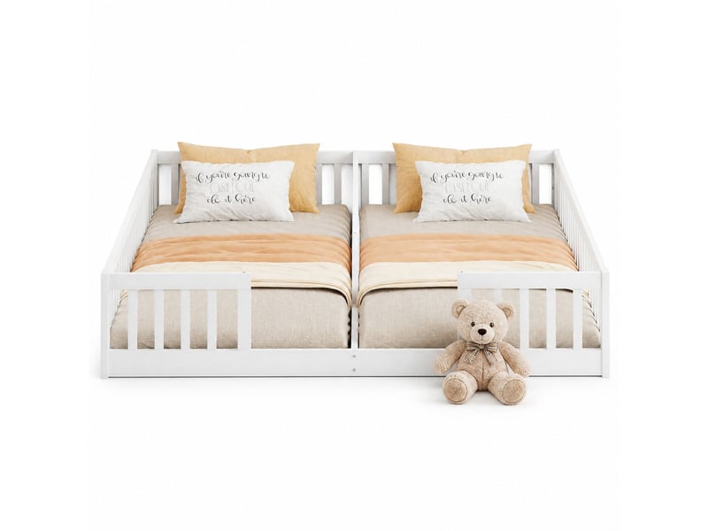  Lit bas enfant 2 places, 2 couchages 90×200 cm avec barrières - okmyhome- en pin et mdf, sans matelas  - Conforama A