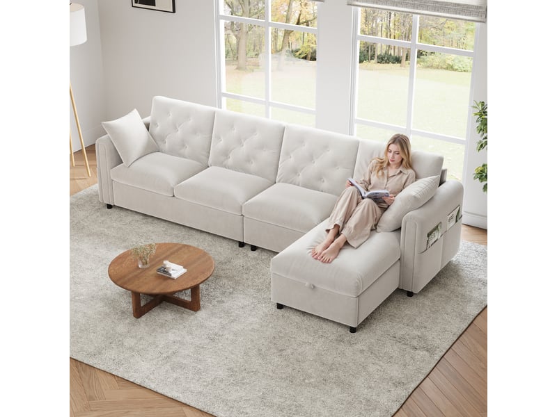  Canapé d'angle, canapé velours — avec rangement, 281 × 86 × 71 cm, beige, en velours  - Conforama E