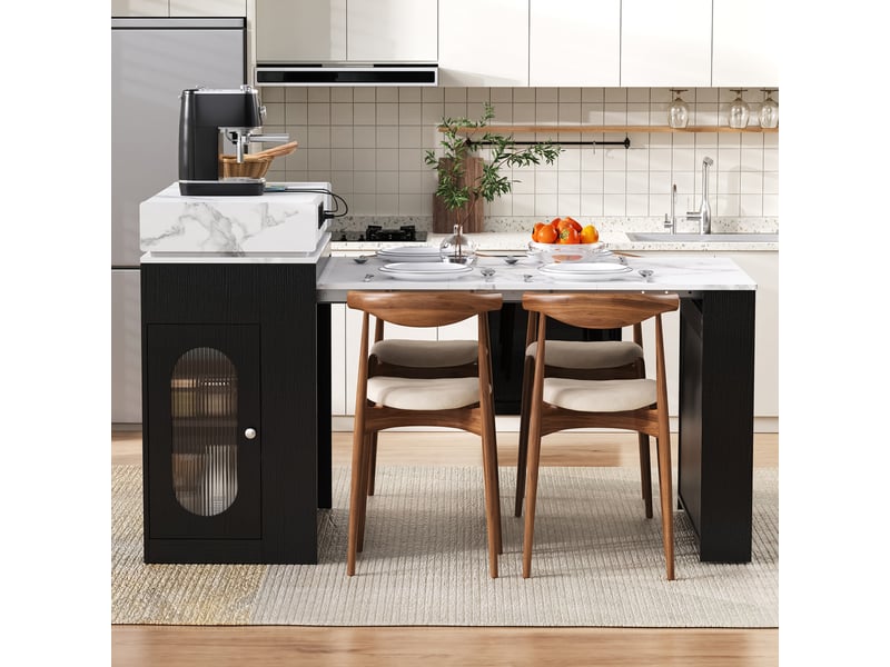 Îlot de cuisine mobile 83 cm avec table extensible, prises intégrées et verre cannelé, noir Jamama eleni - Conforama R