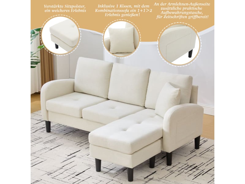  Canapé d'angle, canapé modulable, en lin, 166 x 118 x 77 cm, 3 places, pour intérieur, mobilier pour espace de vie  - Conforama E