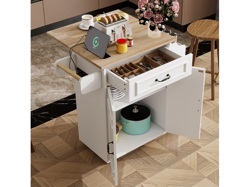  Desserte de cuisine 66x40-60x90 cm sur roulettes, plan rabattable, 1 tiroir, 2 portes, en mdf, couleur blanc et bois  - Conforama D