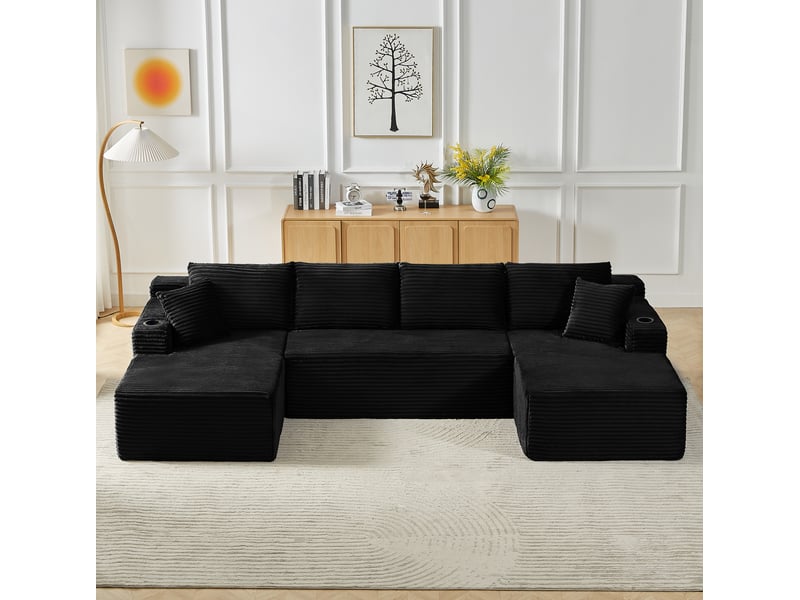 Canapé modulaire en u 339x168x82cm, assise généreuse, style épuré, montage simplifié, confort, velours côtelé, noir - Conforama C