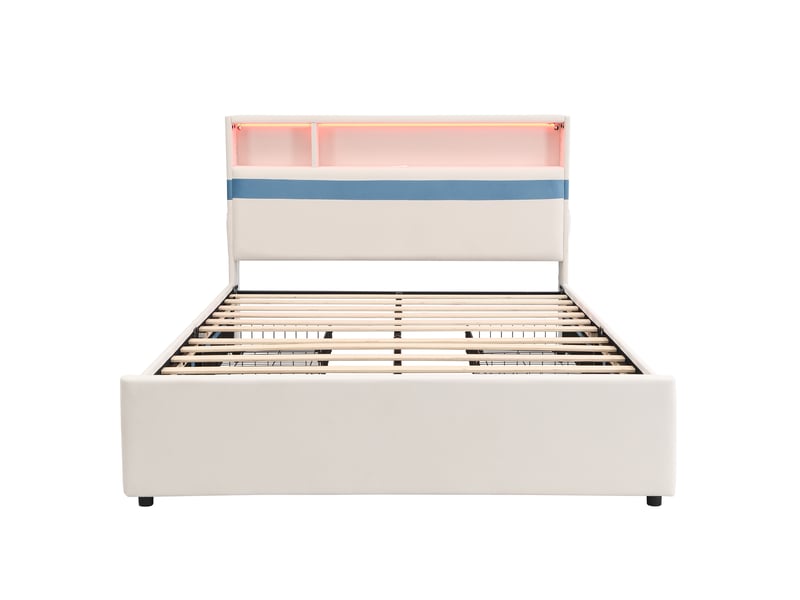 Lit double 140x200 cm avec 4 tiroirs, led et usb, velours blanc et bleu, sans matelas - Conforama R