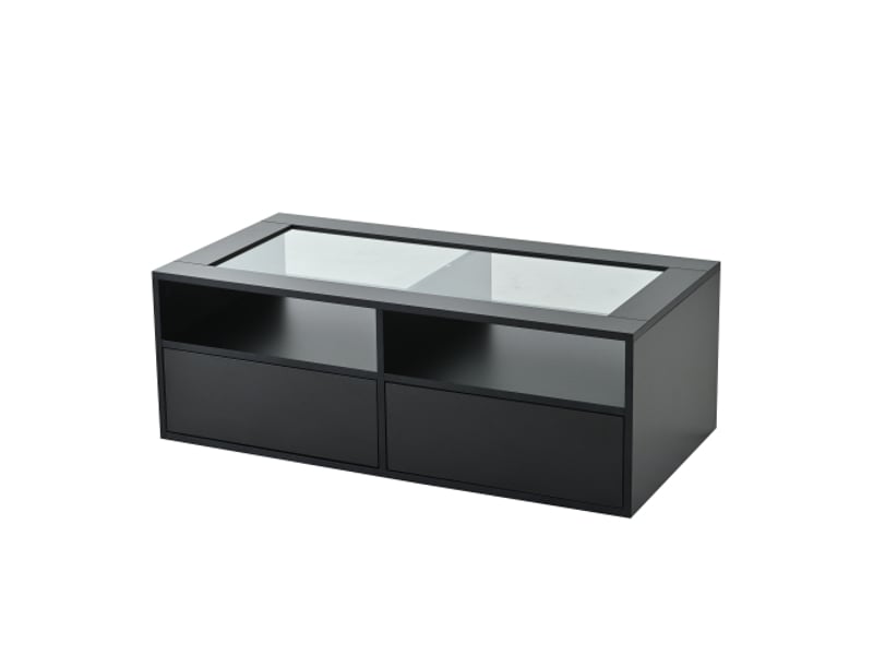  Table basse verre noir led 100×50×35 cm, 2 tiroirs, rangement ouvert, double étage – design contemporain  - Conforama A