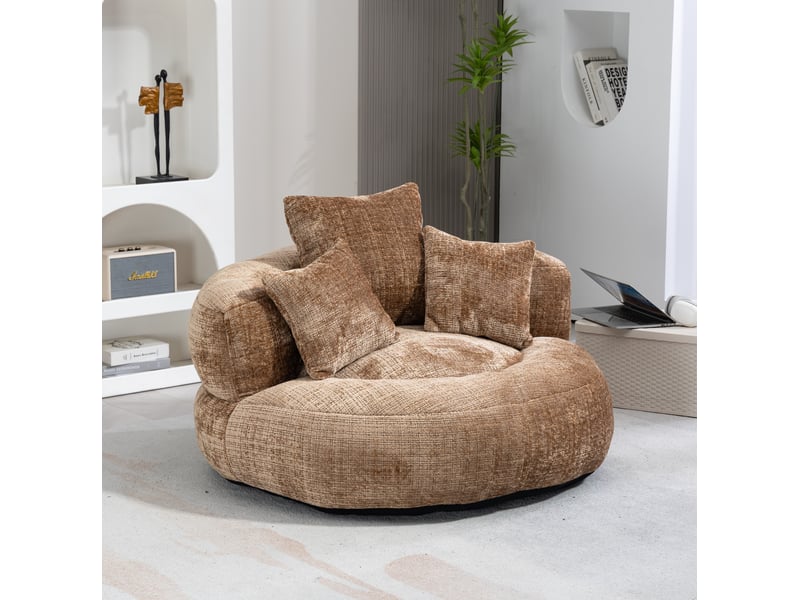  Fauteuil pouf modenvie en chenille café avec dossier haut et 3 coussins 108 x 108 x 52 cm  - Conforama E