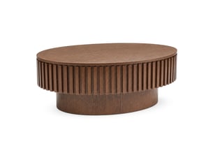 Table basse ovale noyer 98 cm - façade rainurée, rangement caché - placage bois massif