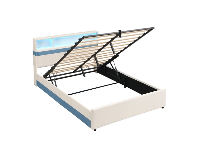  Lit double coffre 140x200 cm blanc et bleu, velours, led, usb, rangement hydraulique  - Conforama E