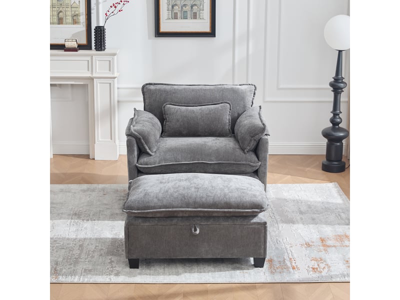  Fauteuil de détente 103x85x91 cm, avec pouf, sac de rangement, tissu chenille, gris Cozy Nook - Conforama B