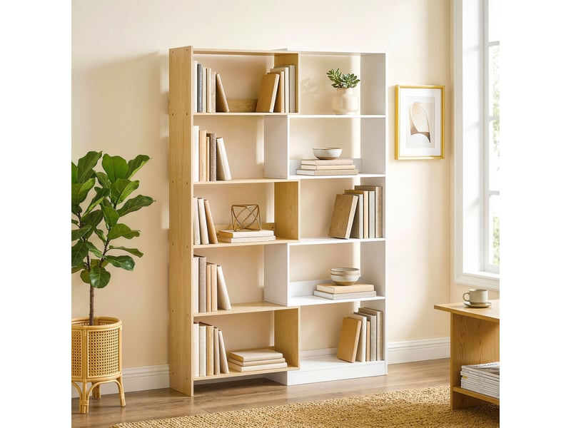  Bibliothèque d'angle rotative 350° à 5 niveaux, étagère de rangement extensible en forme l, 60-111x24x164cm, chêne  - Conforama C