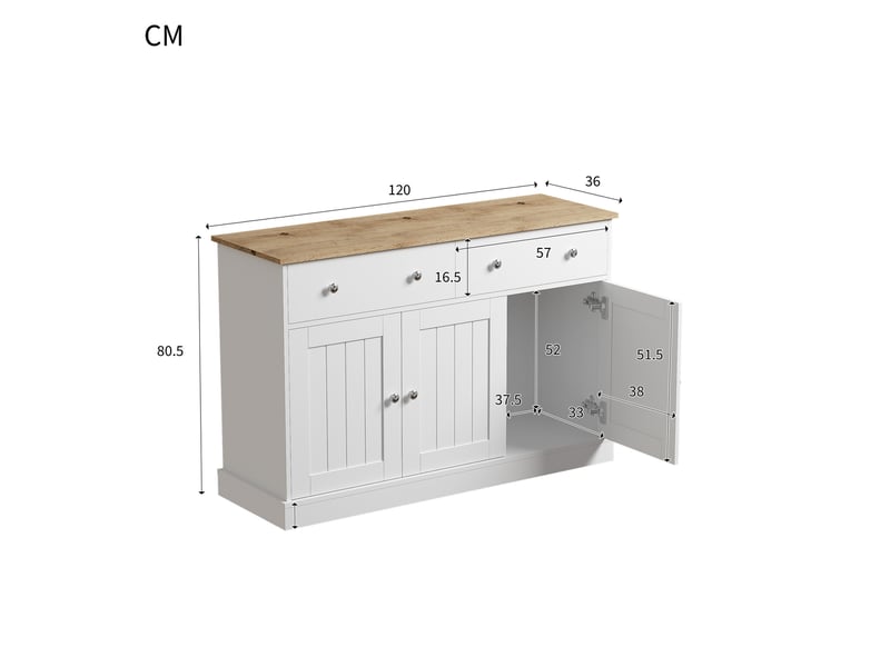  Buffet 120x36x80,5 cm blanc et couleur bois, 3 portes 2 tiroirs en panneau de particules pour rangement  - Conforama C