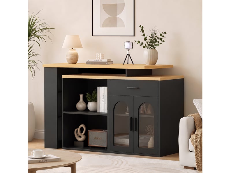  Desserte de cuisine 120x50x78 cm, avec plateau pivotant, rangement en mélaminé, meuble de cuisine, couleur noir et bois  - Conforama D