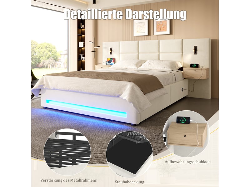 Lit coffre 160x200 cm en velours avec rangement hydraulique - tête de lit avec tiroirs et usb-c - led intégrée - beige - Conforama D