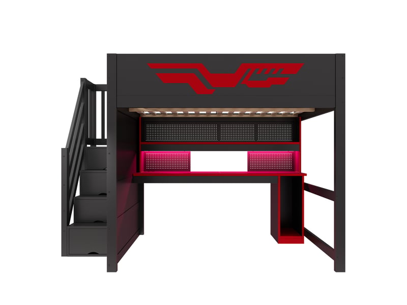  Lit superposé pour enfant 140 x 200 cm, avec bureau, escalier intégrant des rangements, éclairage led et port usb, noir  - Conforama A
