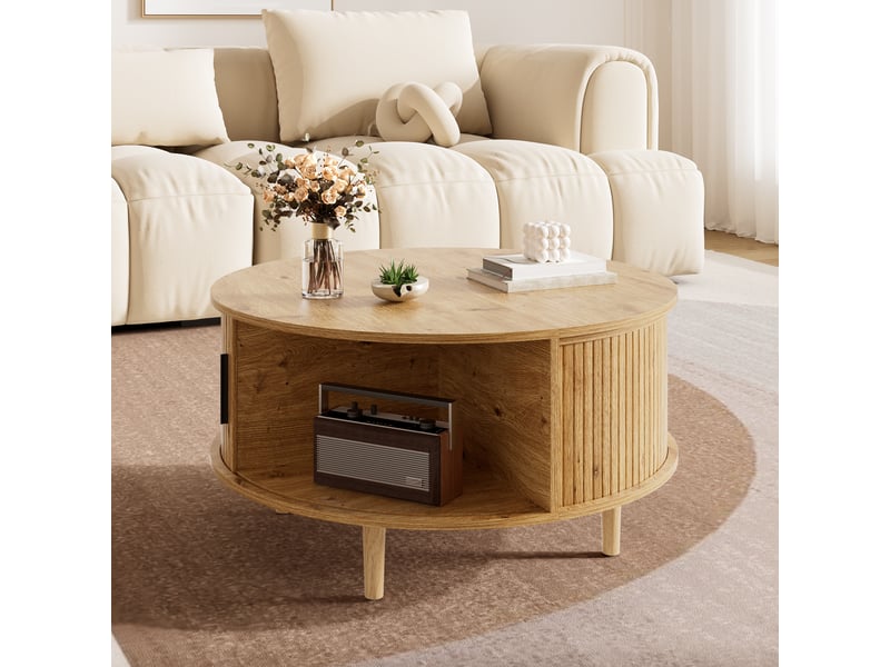  Table basse ronde relevable avec rangement compartimenté, table de salon avec porte coulissante et lattes verticales, pieds pin massif, mdf, naturel OPULERANE TRADING LTD - Conforama D
