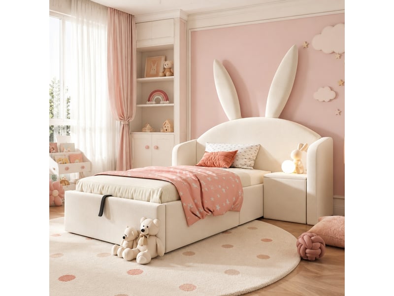 Lit enfant 90 x 190 cm, rangement hydraulique, chevet, tête de lit beige  - Conforama B