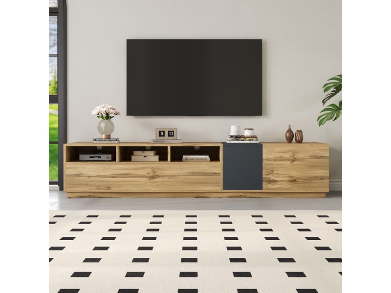  Meuble tv style industriel 200cm, etagères et rangement, 2 portes 3 tiroirs, banc tv grain bois gris rustique BrimViber - Conforama E
