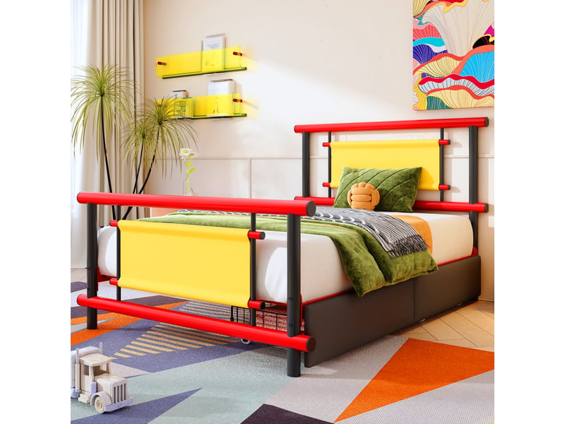  Lit enfant métal 90 x 200 cm avec tiroirs sous lit, cadre acier robuste, coloris vifs, design plateforme gain de place pour garçon fille  - Conforama C