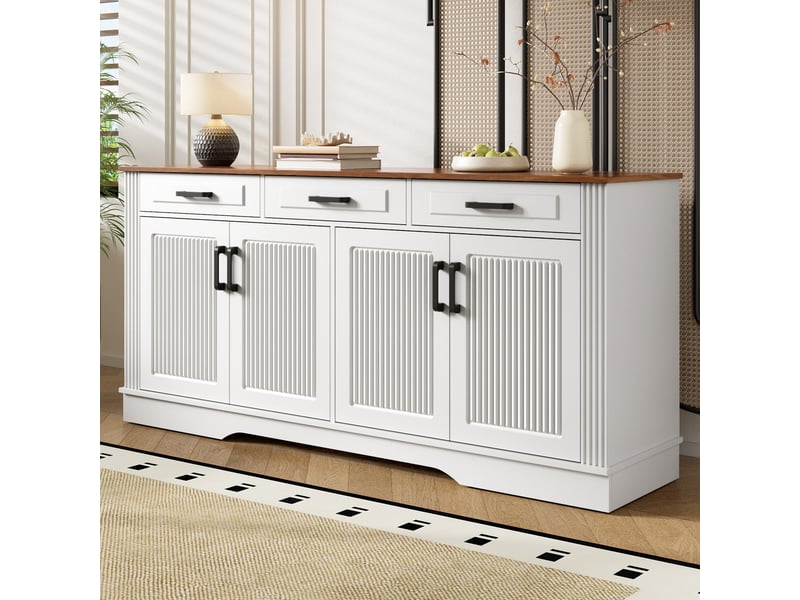 Buffet 4 portes 3 tiroirs avec rangement - lpospi - façades rainurées, poignées noires, mdf blanc 160 × 40 × 75 cm - Conforama C