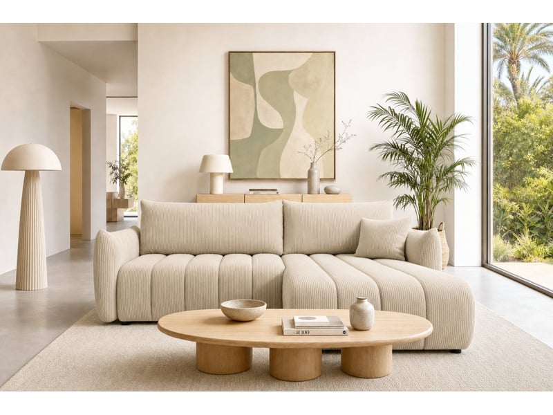 Moorea - canapé d'angle convertible petit velours côtelé 4 places beige - Conforama D