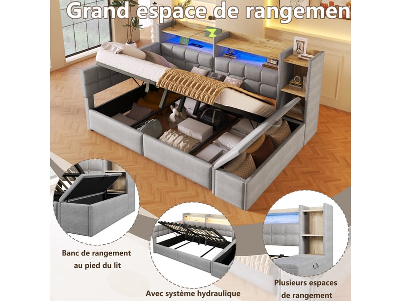  Lit coffre hydraulique 140x200 cm avec led multicolore, usb et usb-c et banc coffre, velours gris, sans matelas  - Conforama R