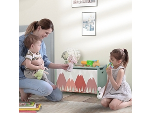 Coffre à jouets enfant 60 x 37 x 39 cm vert en bois, couvercle rabattable avec charnière de sécurité