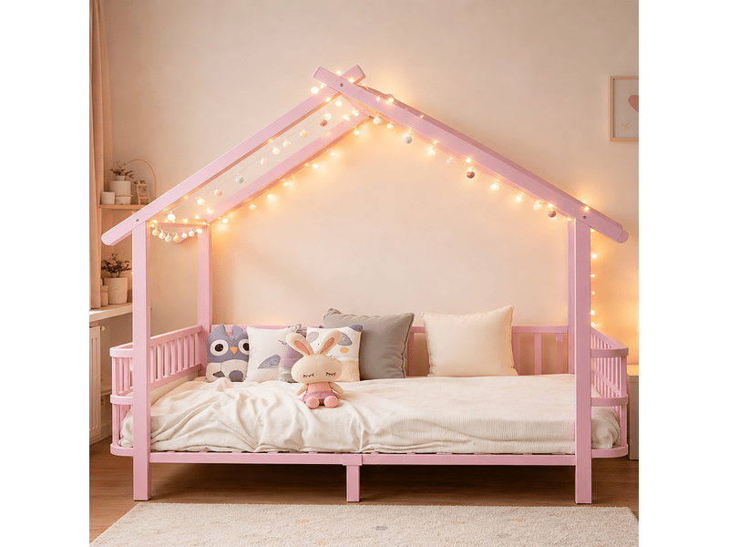  Lit enfant cabane en métal 90 x 200 cm avec barrières de sécurité, rose  - Conforama E