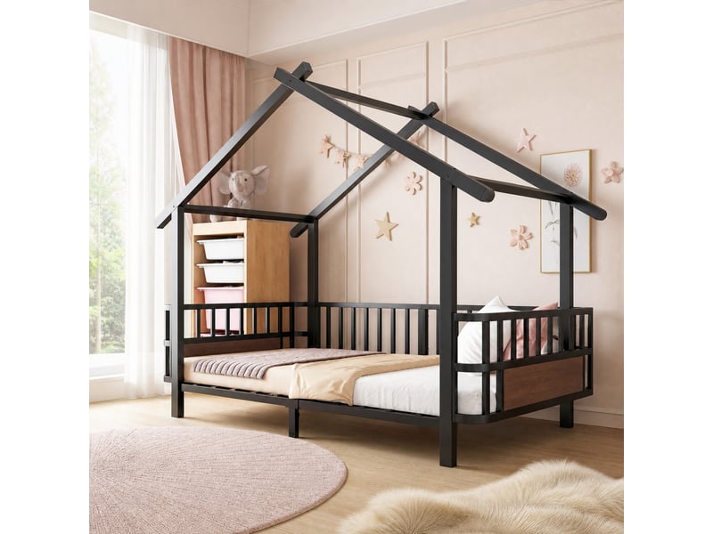  Lit cabane enfant 90 x 200 cm en métal noir avec barrières de sécurité  - Conforama B