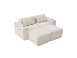 Canapé modulaire 2 places avec 2 poufs et porte-gobelets - lpospi - poches latérales, velours côtelé beige