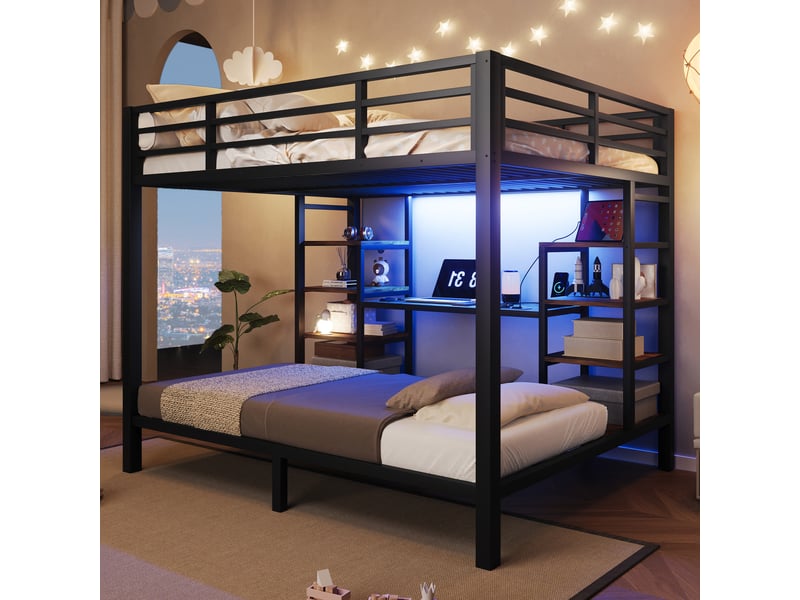  Lit superposé familial 140x200 et 90x200 cm, étagères, led, prise, usb et type-c, métal noir Radiant Stride - Conforama D