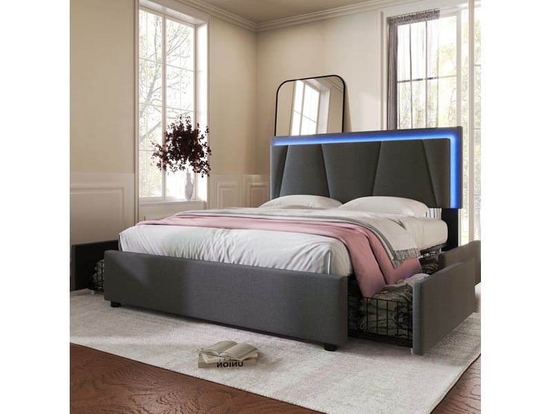 Lit coffre 140 × 200 cm 2 places avec 4 tiroirs, led réglable et tête de lit ajustable, matelas inclus, gris - Conforama C