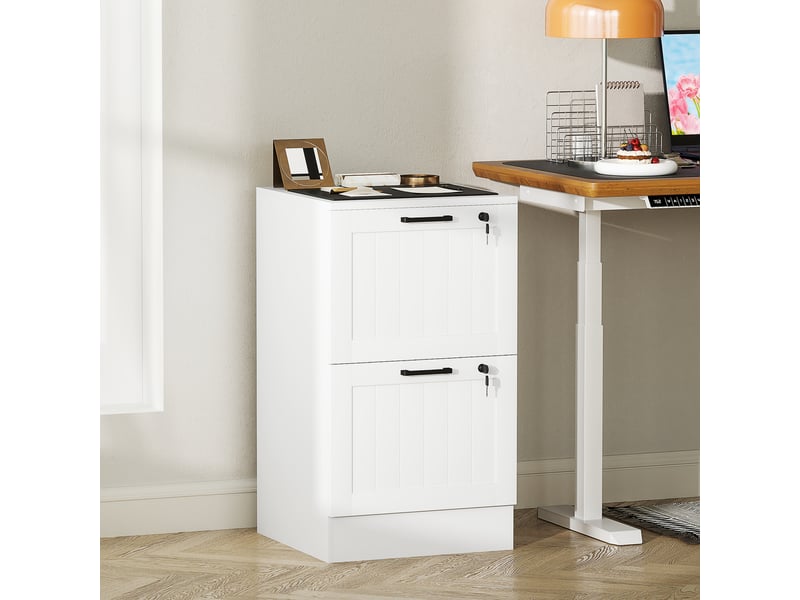  Caisson bureau, meuble rangement bois 2 tiroirs et serrure, barres de suspension réglables, 40 x 40 x 71 cm, blanc  - Conforama C