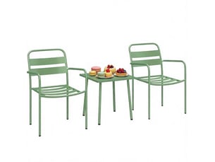 Salon de jardin 3 pièces vert en acier et verre trempé, table carrée 50 x 50 cm, 2 fauteuils avec accoudoirs