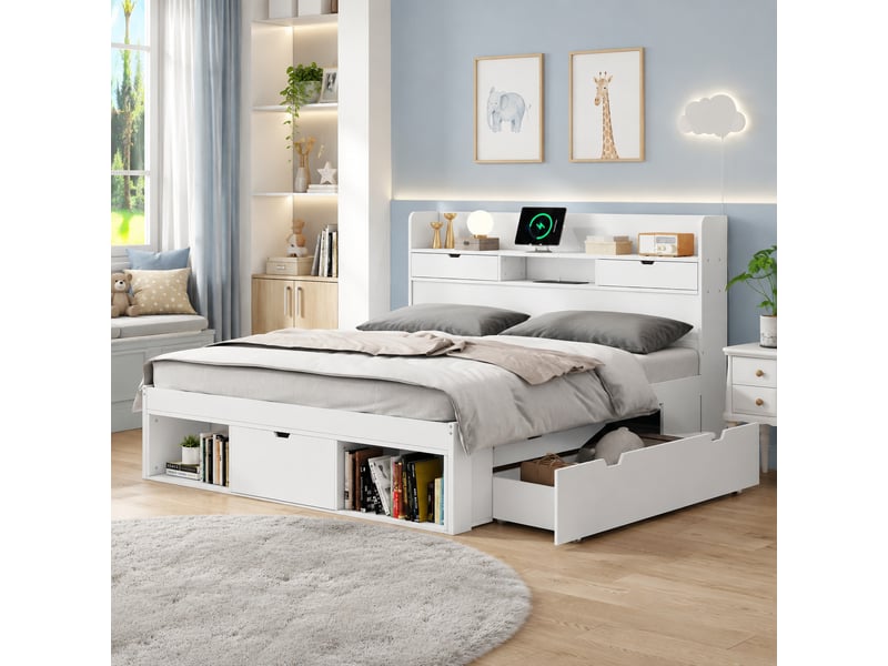  Lit double 160x200 cm, lit 2 places avec port usb et type-c, tiroirs,  espace de rangement ouvert, sans matelas - blanc  - Conforama D