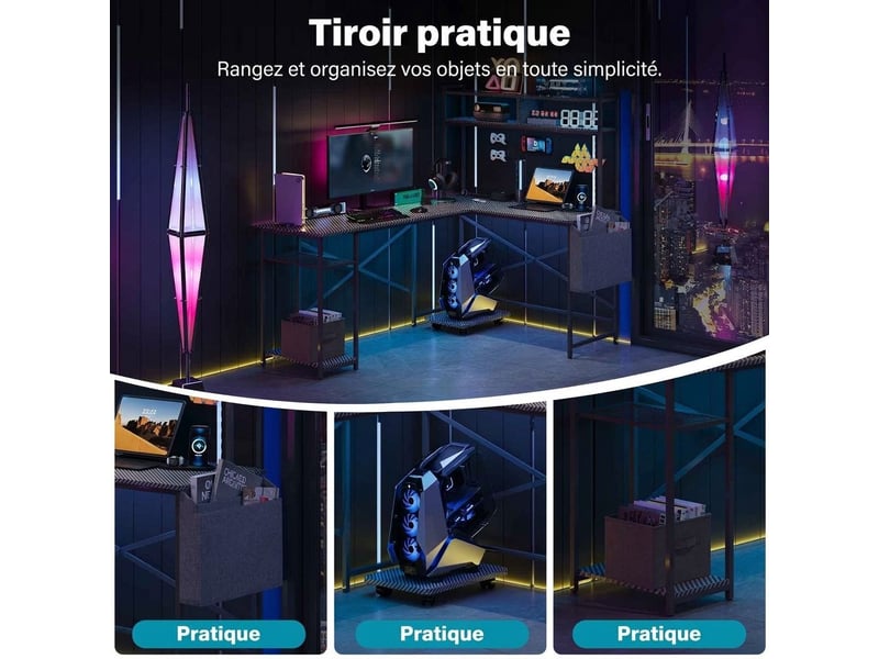  Bureau gaming d'angle en l avec étagère multiprise et support unité centrale noir  - Conforama C