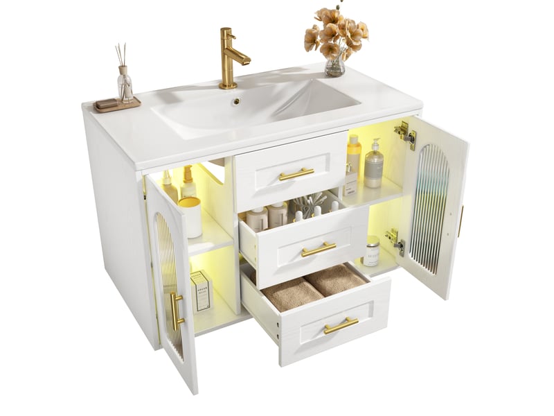 Meuble vasque mural blanc 76 cm avec lavabo, porte en verre strié, led et tiroirs - Conforama D
