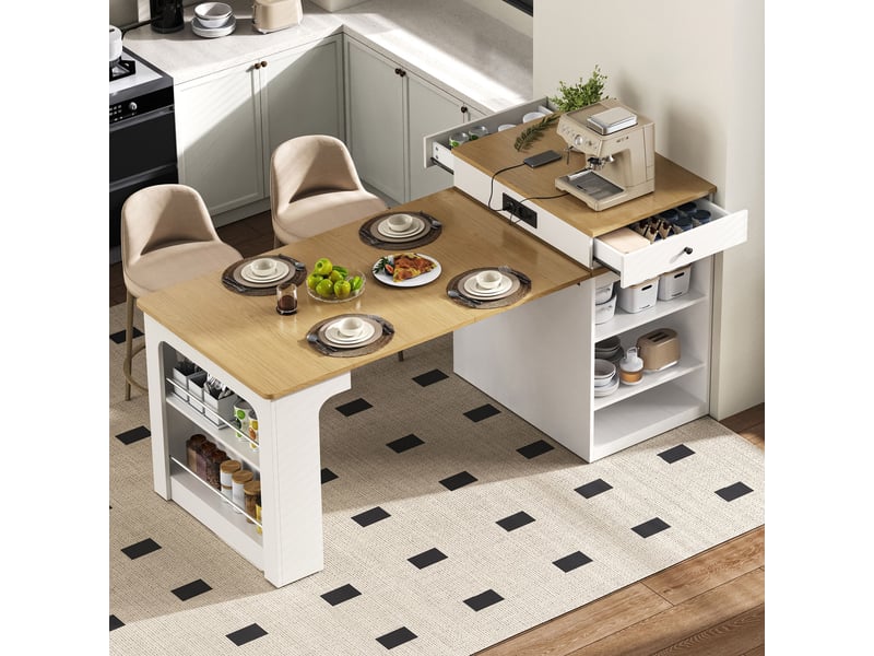  Îlot de cuisine à roulettes avec table extensible, plateau amovible, prises, bar ou buffet, blanc Fay Lum - Conforama E