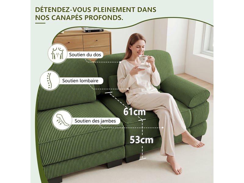  Canapé modulaire 4 places en velours côtelé vert avec pouf pour salon  - Conforama D
