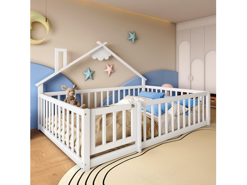  Lit enfant maison 140x190 cm, assemblage facile, barrière 32 cm avec serrure, design cabane, bois mdf, blanc, sans matelas  - Conforama D