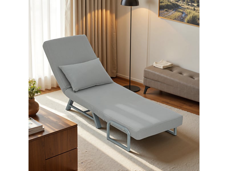 Fauteuil chauffeuse convertible inclinable coussin lombaires accoudoirs piètement métal lin gris clair - Conforama E