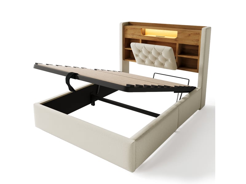  Lit coffre 90 × 200 cm, lin, beige, led, usb-c IKSETERA TRADING LTD - Conforama R