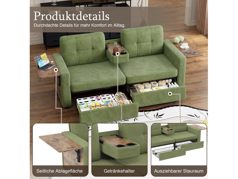  Canapé 2 places convertible 178x71x57,5 cm, 2 tiroirs, tablettes réglables, porte-gobelets, chenille vert  - Conforama E