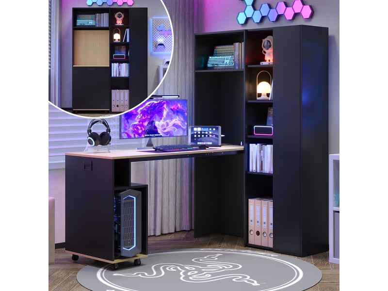 Bureau bibliothèque 2 en 1, bureau pliable avec étagères et prise usb, mdf noir et chêne, 104.5x30.5x160cm, gain de place. - Conforama B
