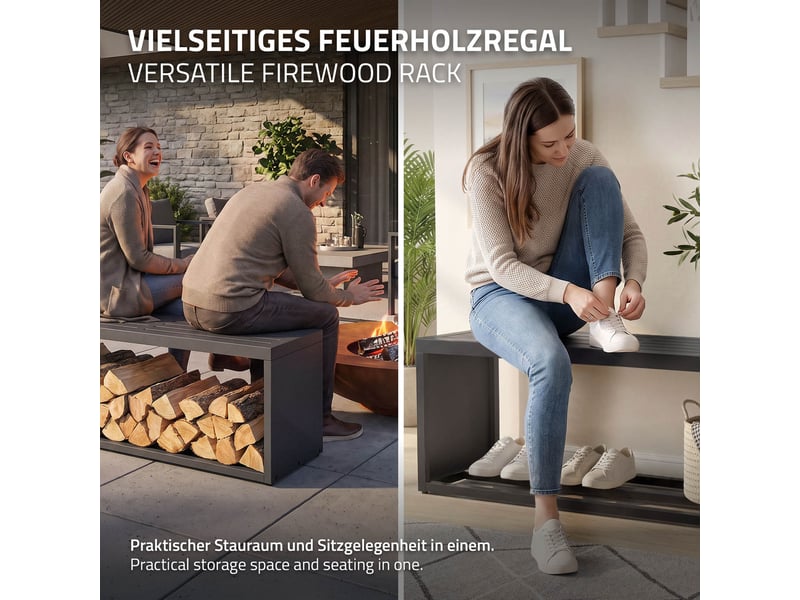  Ml-design range-bûches pour intérieur et extérieur avec banc, acier galvanisé, conception 2-en-1 motif sobre, rangement bois de chauffage, support d'empilage résistant aux intempéries, 120x38x43 cm ECD Germany GmbH - Conforama E
