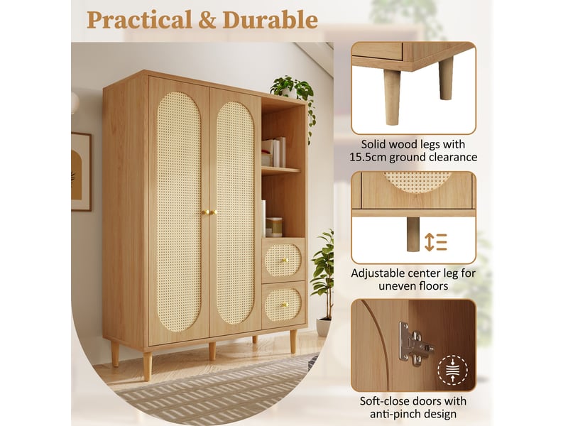 Vestiaire entrée 120x48x161 cm avec 2 portes, 2 tiroirs, étagères ouvertes, tringle et rangement pour chambre et entrée - chêne - Conforama D
