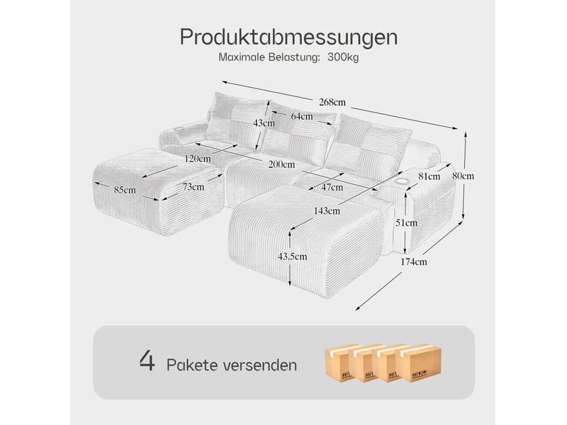  Canapé modulaire 3 places avec 2 poufs en velours côtelé gris clair  - Conforama E