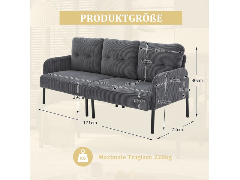  Canapé droit 3 places 171x72x80 cm en velours côtelé gris avec poche latérale  - Conforama C