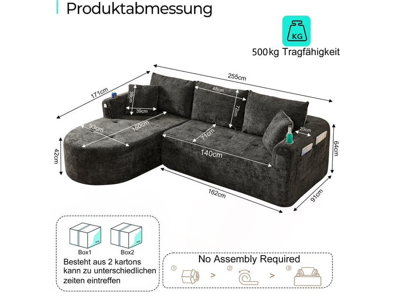  Canapé d'angle ulevr 3 places avec rangement et porte-gobelet inox, tissu de lin noir, 255 x 171 x 64 cm, sans montage  - Conforama C